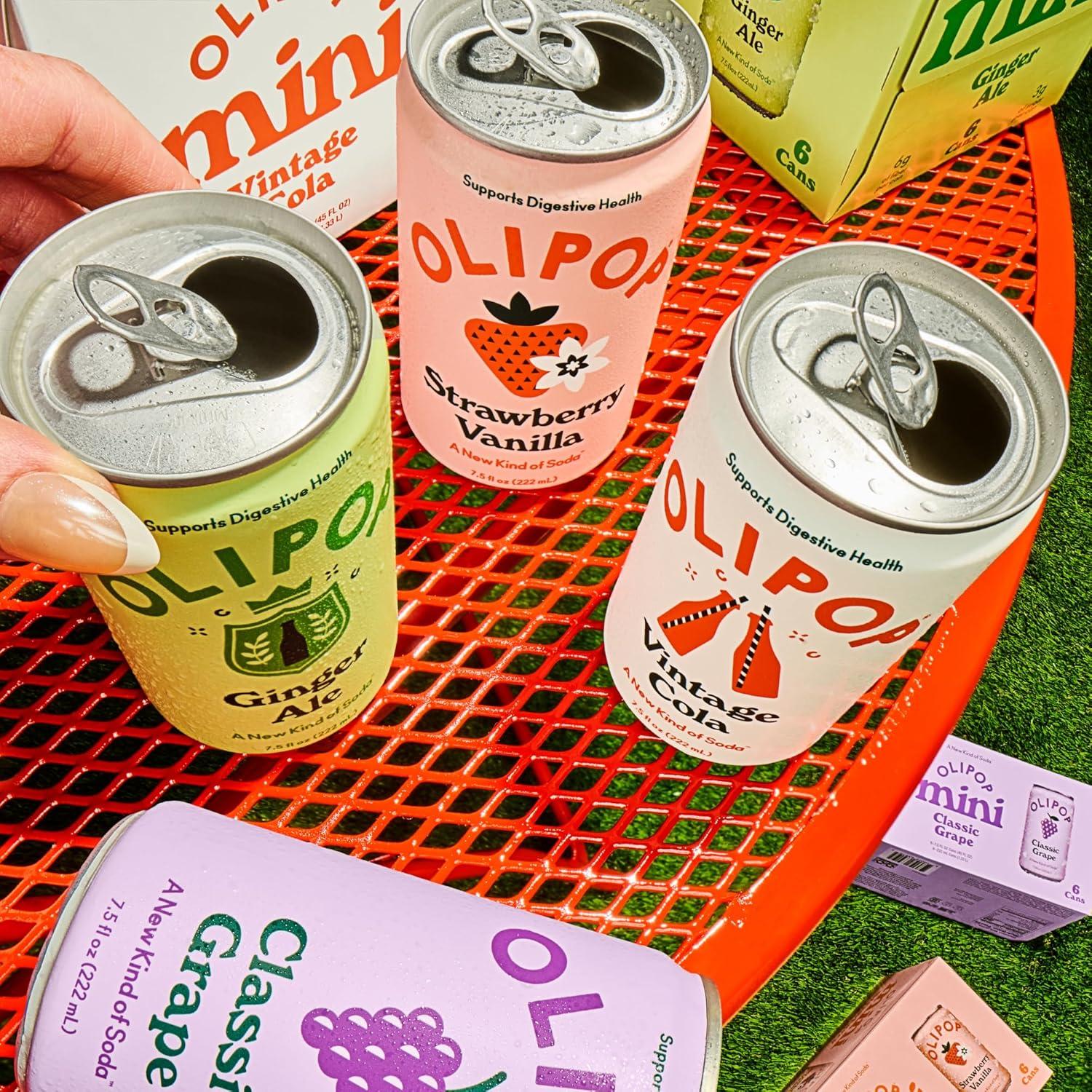 imageOLIPOP Minis Prebiotic Soda Pop Ginger Ale Pantry Pack Packed with Prebiotics Fiber and Botanicals Gluten Free Vegan GMO Free 75oz 6CansStrawberry Vanilla