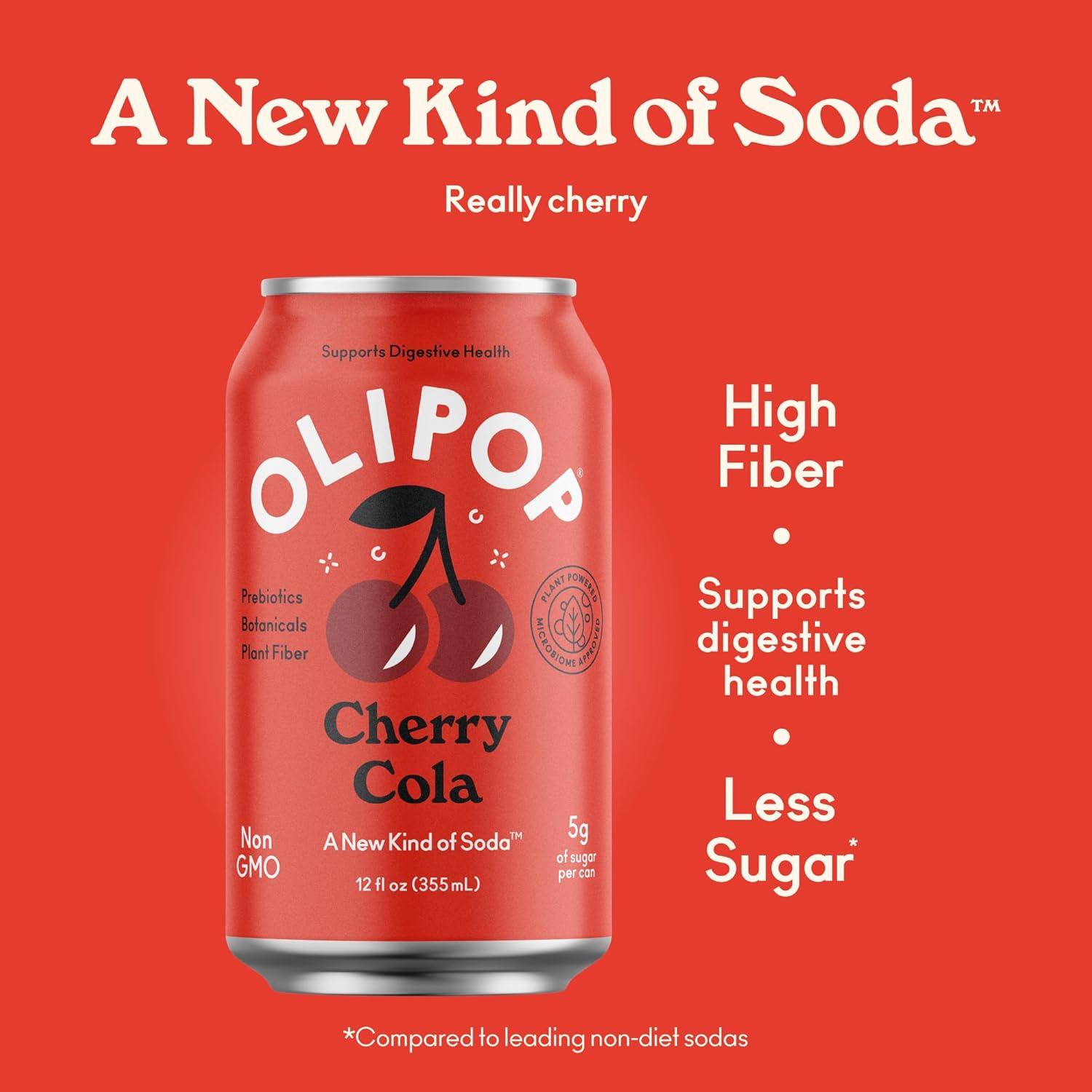 imageOLIPOP Prebiotic Soda Pop Cherry Vanilla A New Kind of Soda Packed with Prebiotics Fiber and Botanicals Gluten Free Vegan GMO Free 12oz 12CansCherry Cola