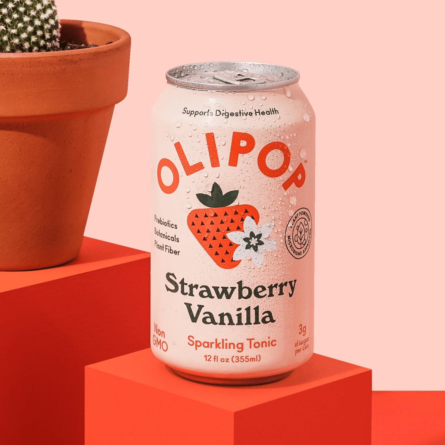 imageOLIPOP Prebiotic Soda Pop Cherry Vanilla A New Kind of Soda Packed with Prebiotics Fiber and Botanicals Gluten Free Vegan GMO Free 12oz 12CansStrawberry Vanilla