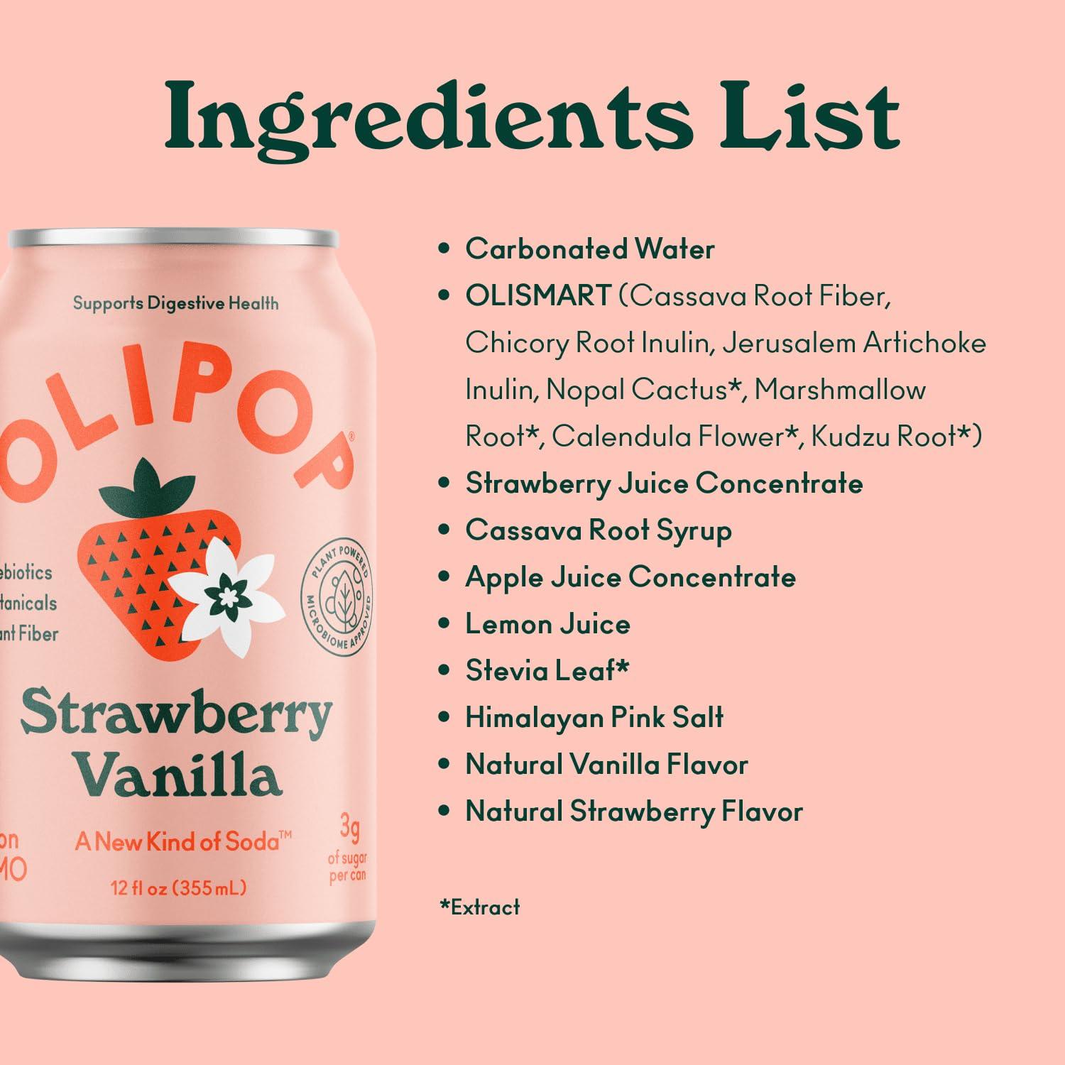 imageOLIPOP Prebiotic Soda Pop Cherry Vanilla A New Kind of Soda Packed with Prebiotics Fiber and Botanicals Gluten Free Vegan GMO Free 12oz 12CansStrawberry Vanilla