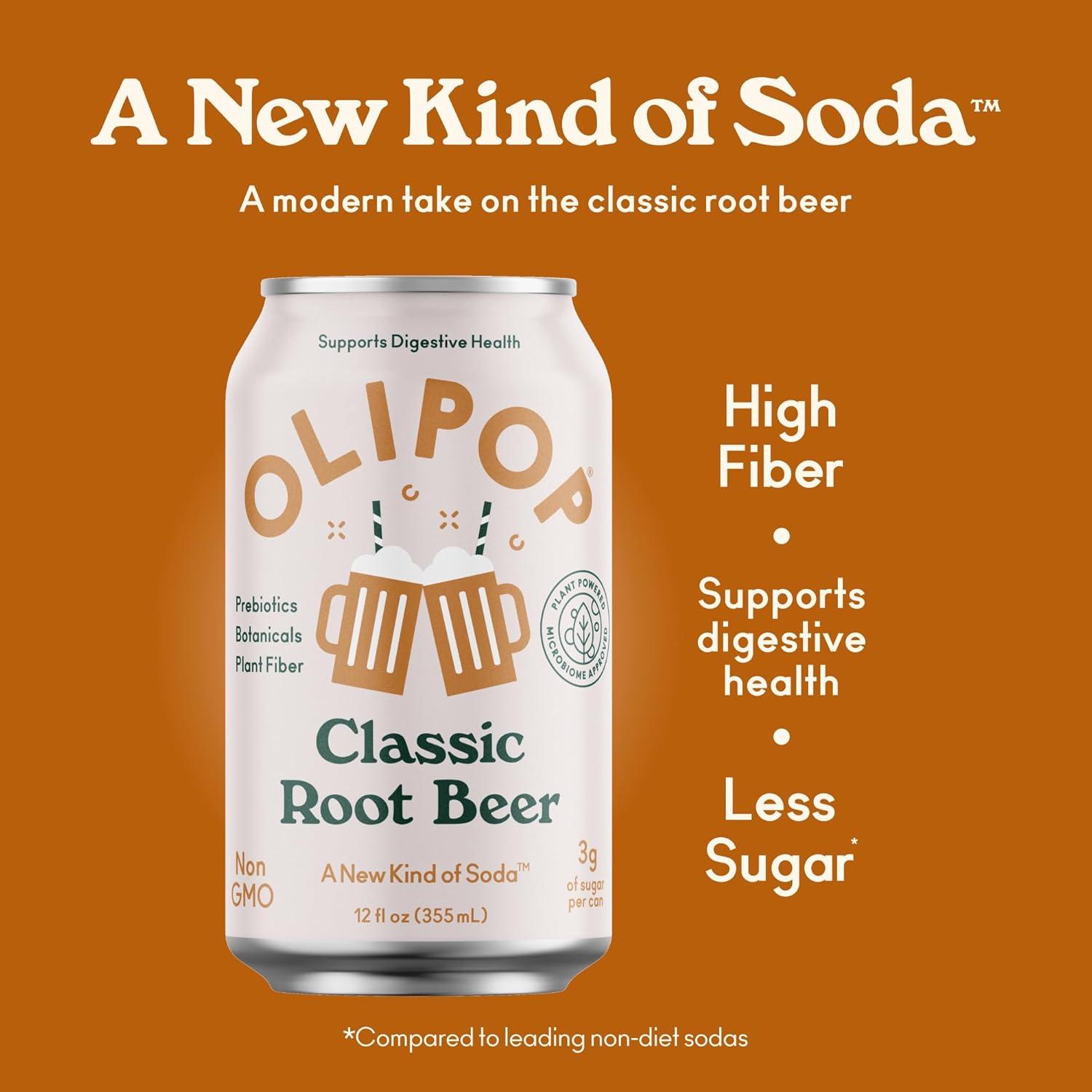 imageOLIPOP Prebiotic Soda Pop Classic Root Beer Prebiotics Botanicals Plant Fiber 12 fl oz 4 Cans