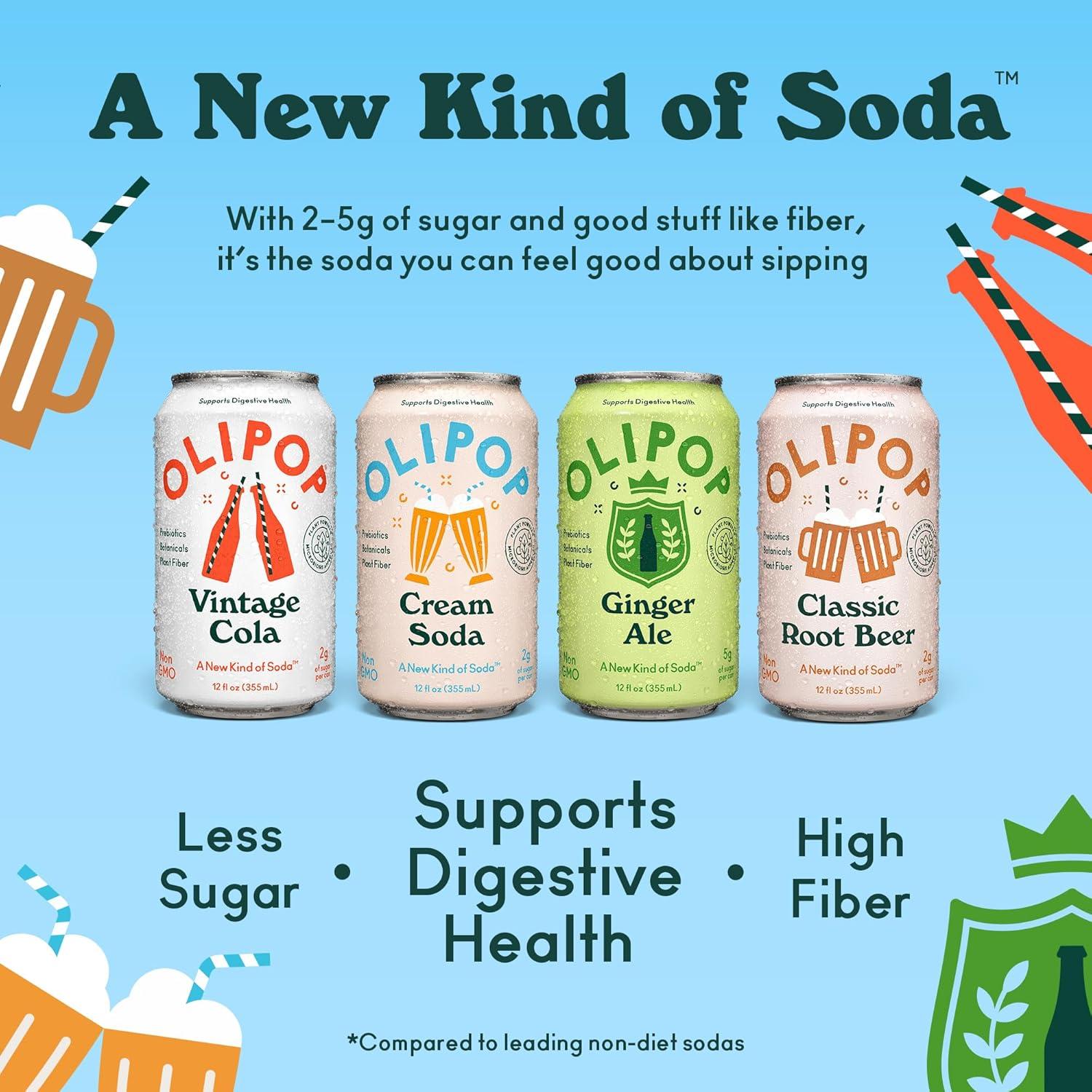imageOLIPOP Prebiotic Soda Pop Favorites Variety Pantry Pack Packed with Prebiotics Fiber and Botanicals Gluten Free Vegan GMO Free 12oz 12CansVariety Classic Soda