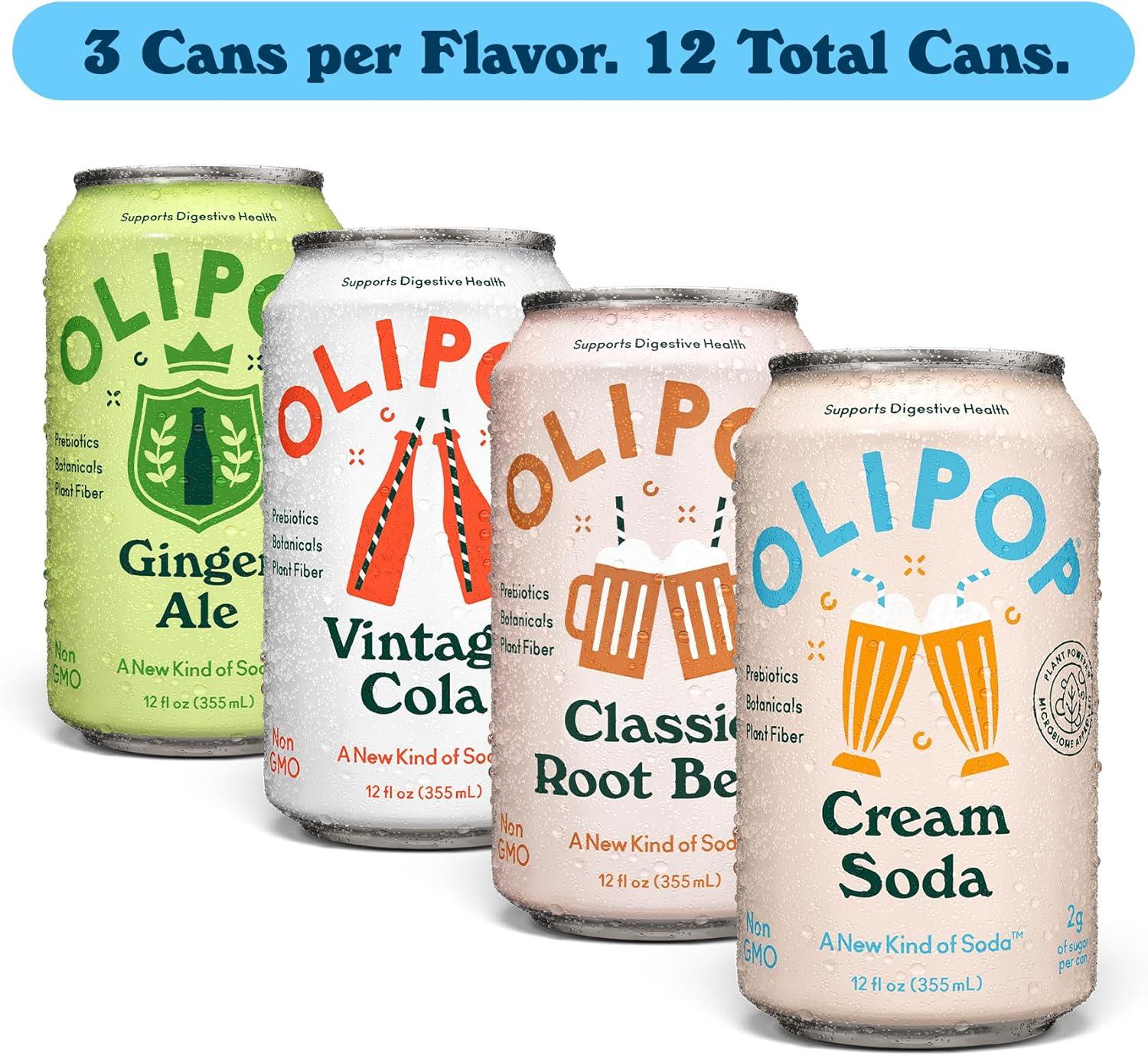 imageOLIPOP Prebiotic Soda Pop Favorites Variety Pantry Pack Packed with Prebiotics Fiber and Botanicals Gluten Free Vegan GMO Free 12oz 12CansVariety Classic Soda