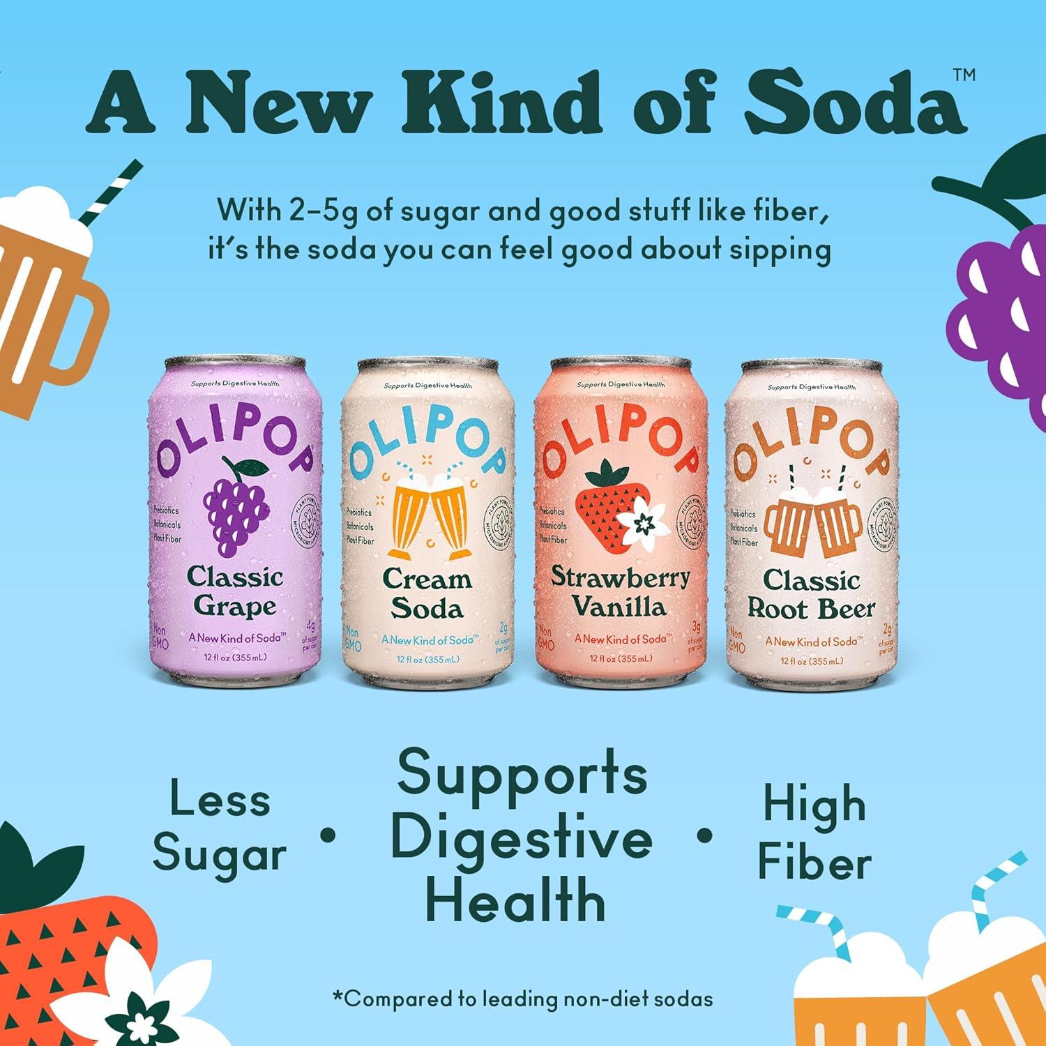 imageOLIPOP Prebiotic Soda Pop Favorites Variety Pantry Pack Packed with Prebiotics Fiber and Botanicals Gluten Free Vegan GMO Free 12oz 12CansVariety Favorites