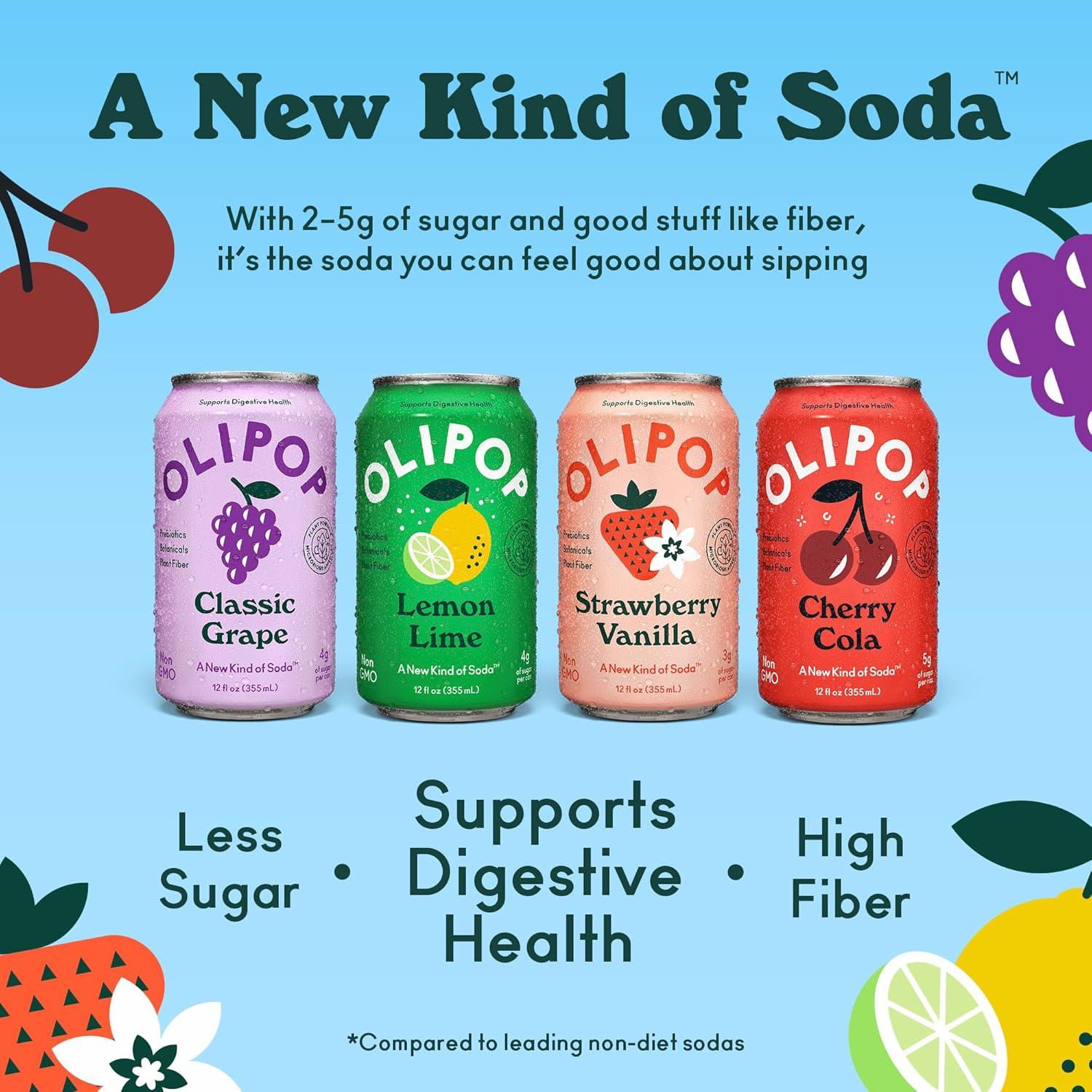 imageOLIPOP Prebiotic Soda Pop Favorites Variety Pantry Pack Packed with Prebiotics Fiber and Botanicals Gluten Free Vegan GMO Free 12oz 12CansVariety Fruity Fun
