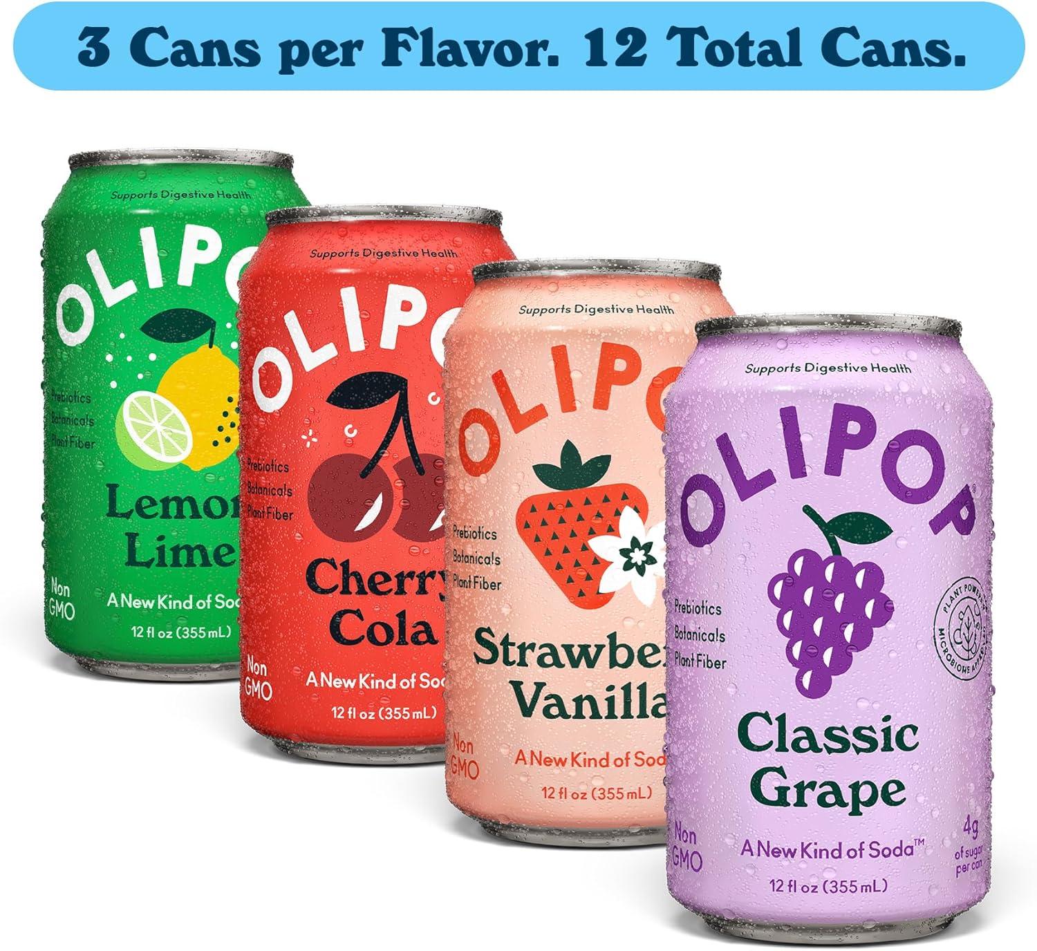 imageOLIPOP Prebiotic Soda Pop Favorites Variety Pantry Pack Packed with Prebiotics Fiber and Botanicals Gluten Free Vegan GMO Free 12oz 12CansVariety Fruity Fun