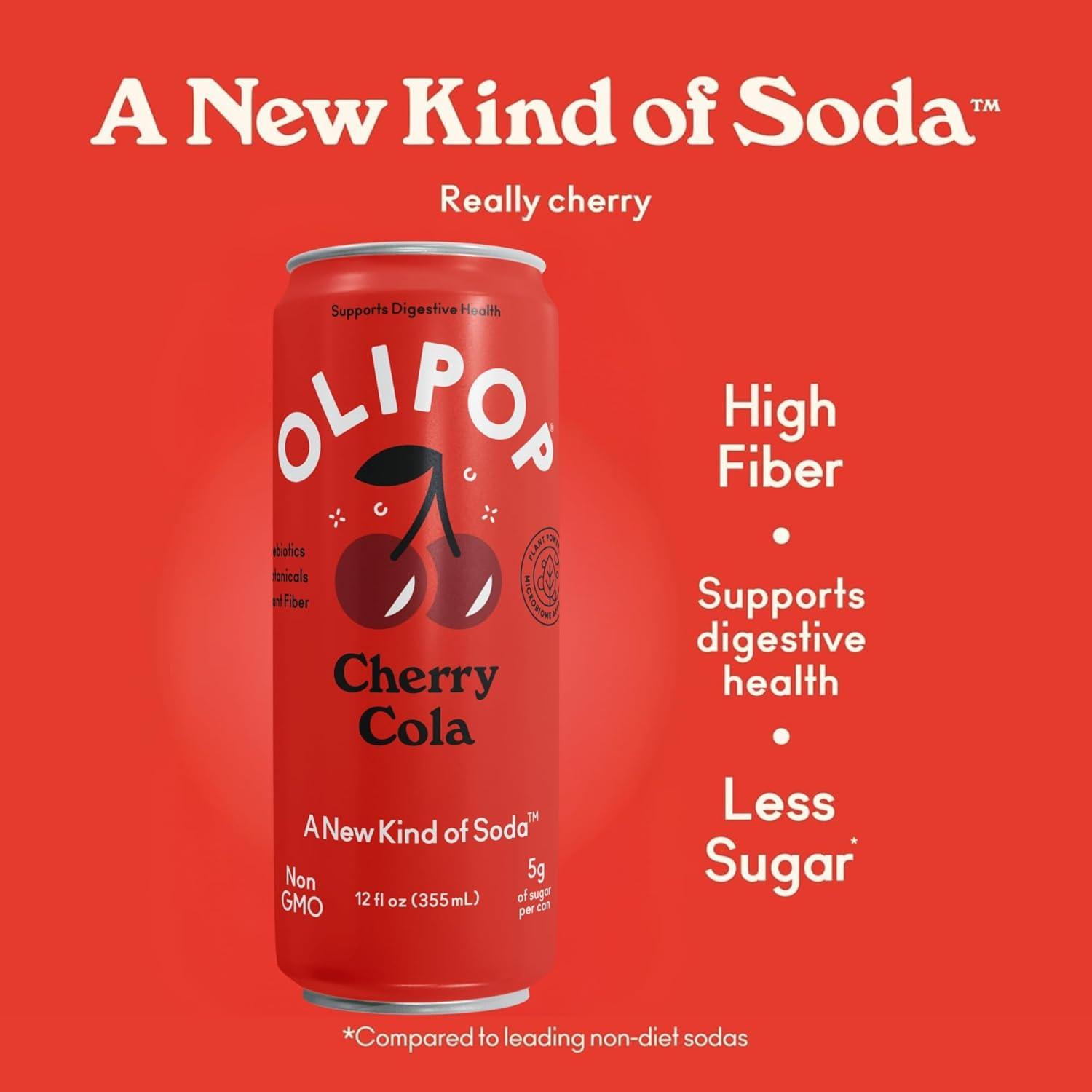 imageOLIPOP Prebiotic Soda Pop Strawberry Vanilla Pantry Pack Packed with Prebiotics Fiber and Botanicals Gluten Free Vegan GMO Free 12oz Skinny 12CansCherry Cola