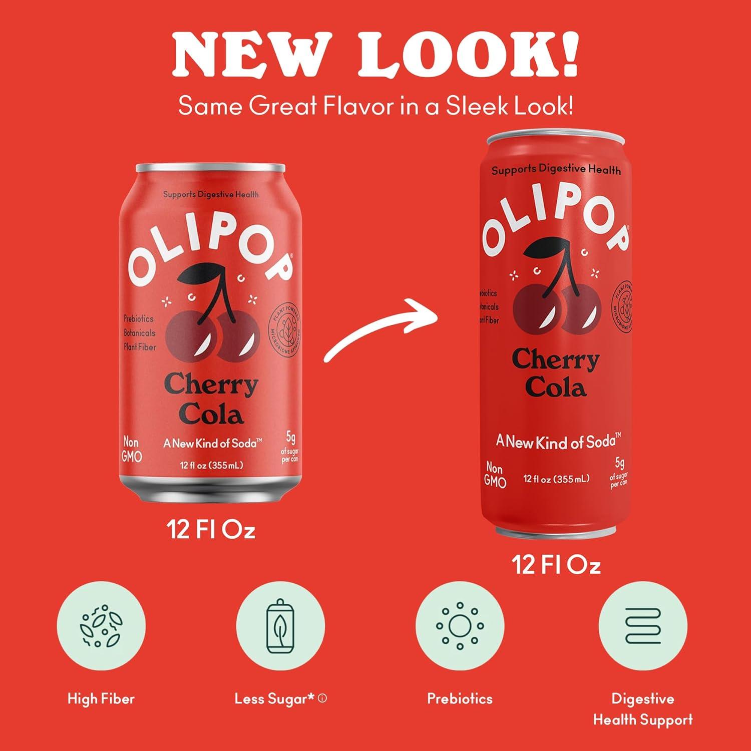 imageOLIPOP Prebiotic Soda Pop Strawberry Vanilla Pantry Pack Packed with Prebiotics Fiber and Botanicals Gluten Free Vegan GMO Free 12oz Skinny 12CansCherry Cola