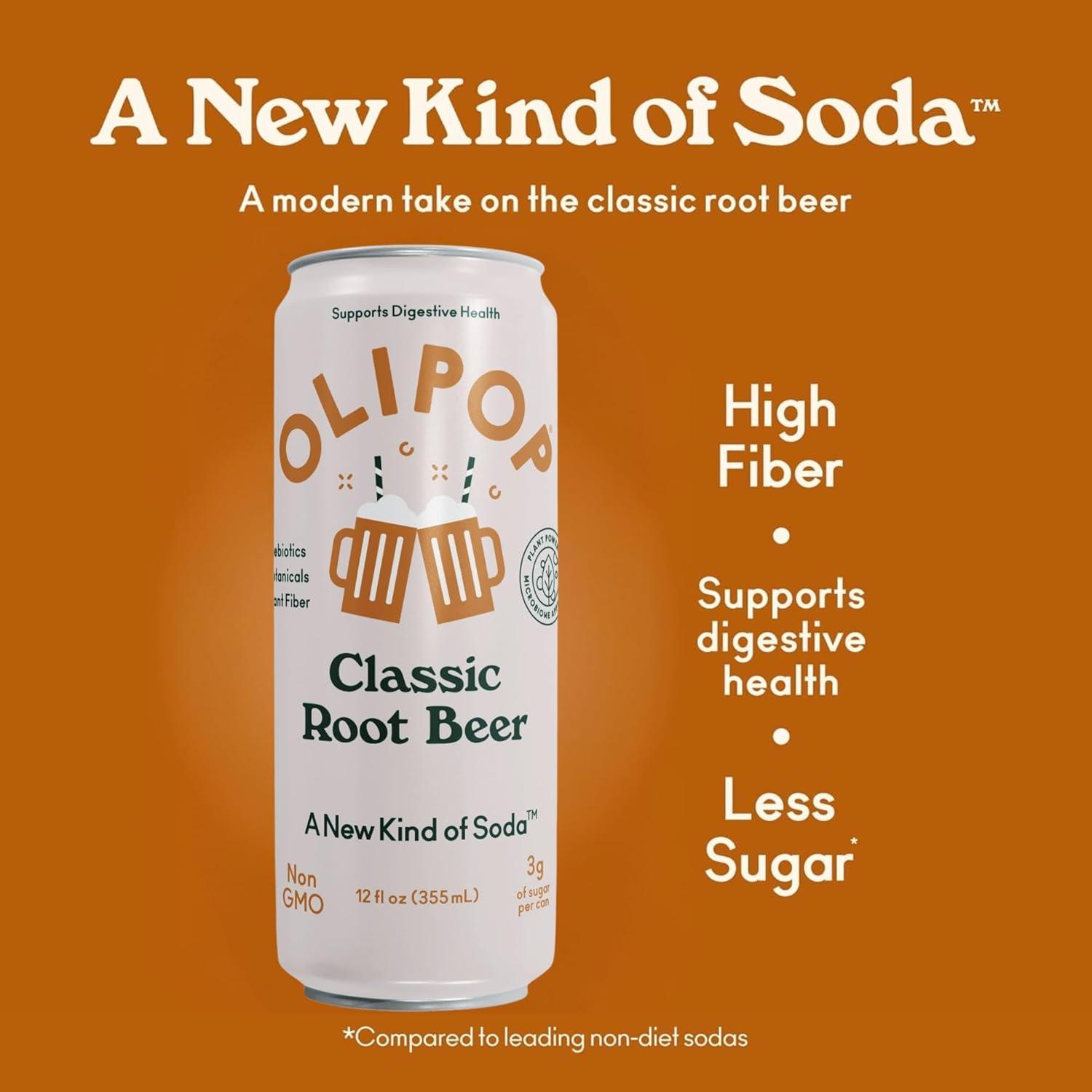 imageOLIPOP Prebiotic Soda Pop Strawberry Vanilla Pantry Pack Packed with Prebiotics Fiber and Botanicals Gluten Free Vegan GMO Free 12oz Skinny 12CansClassic Root Beer
