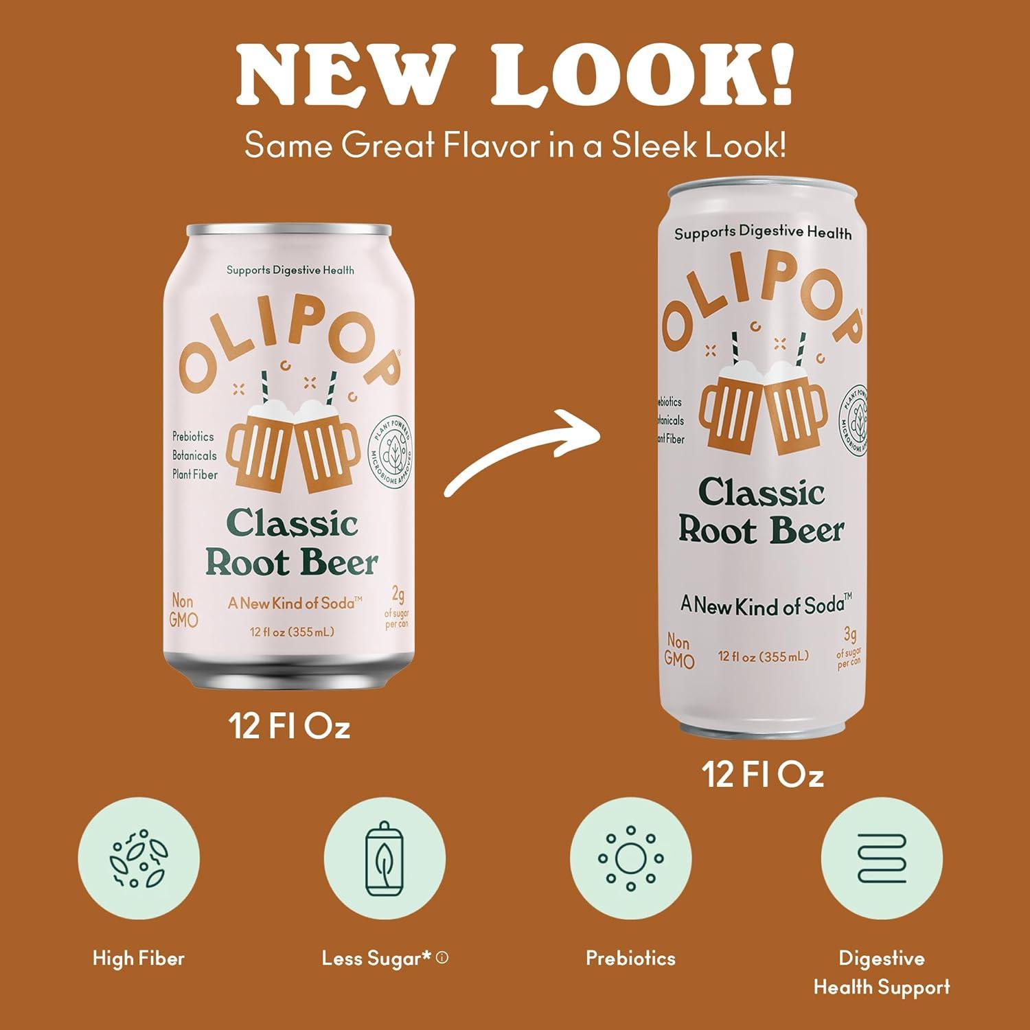 imageOLIPOP Prebiotic Soda Pop Strawberry Vanilla Pantry Pack Packed with Prebiotics Fiber and Botanicals Gluten Free Vegan GMO Free 12oz Skinny 12CansClassic Root Beer