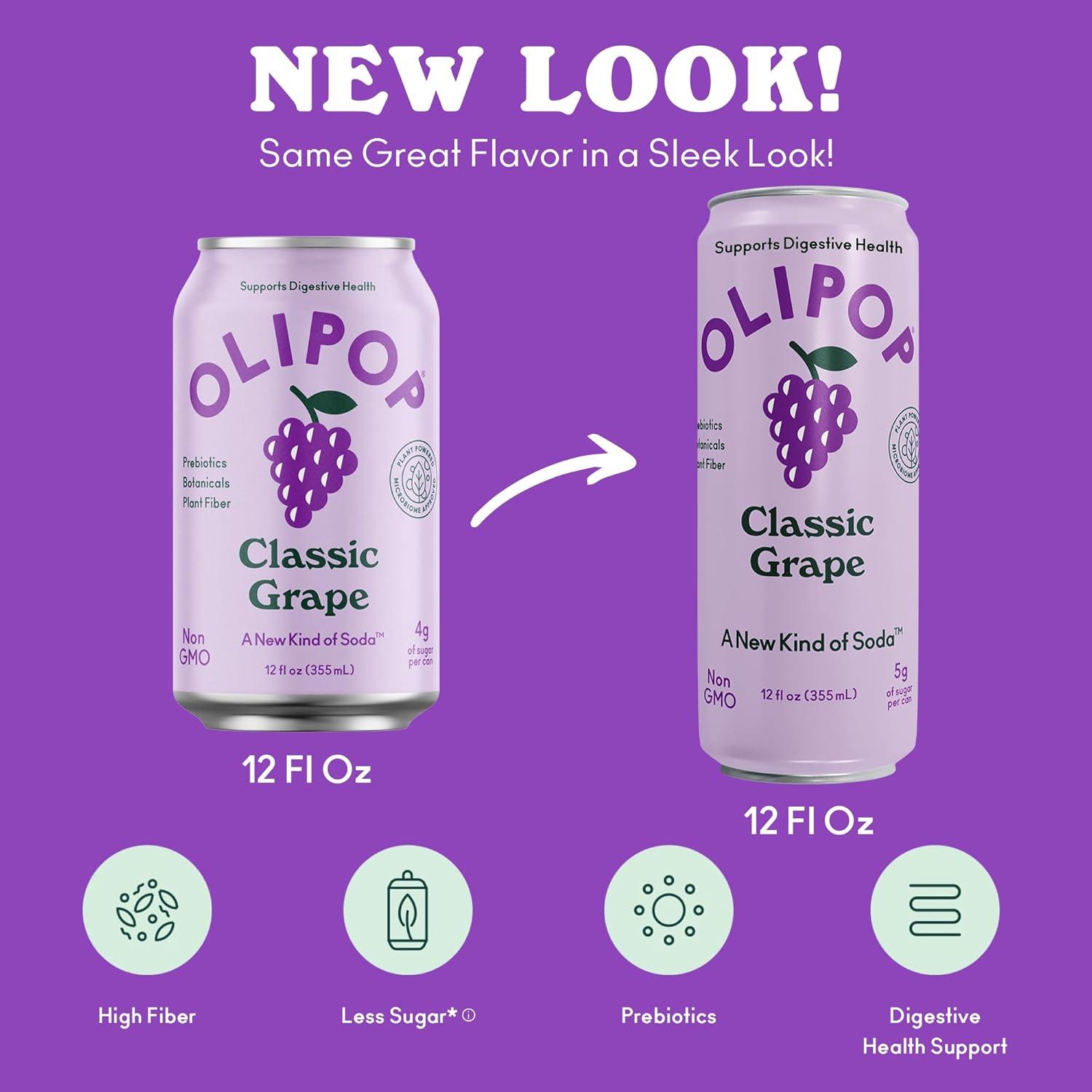 imageOLIPOP Prebiotic Soda Pop Strawberry Vanilla Pantry Pack Packed with Prebiotics Fiber and Botanicals Gluten Free Vegan GMO Free 12oz Skinny 12CansClassic Grape