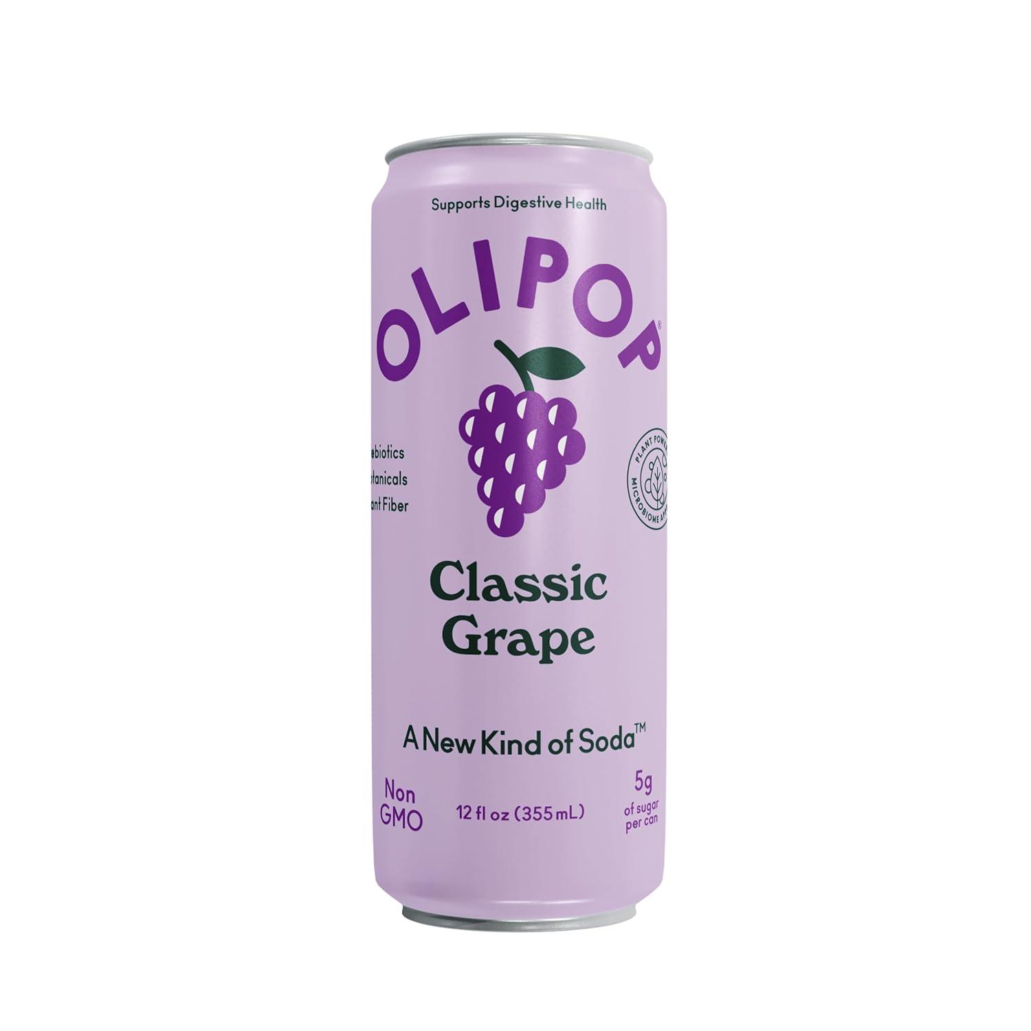 imageOLIPOP Prebiotic Soda Pop Strawberry Vanilla Pantry Pack Packed with Prebiotics Fiber and Botanicals Gluten Free Vegan GMO Free 12oz Skinny 12CansClassic Grape