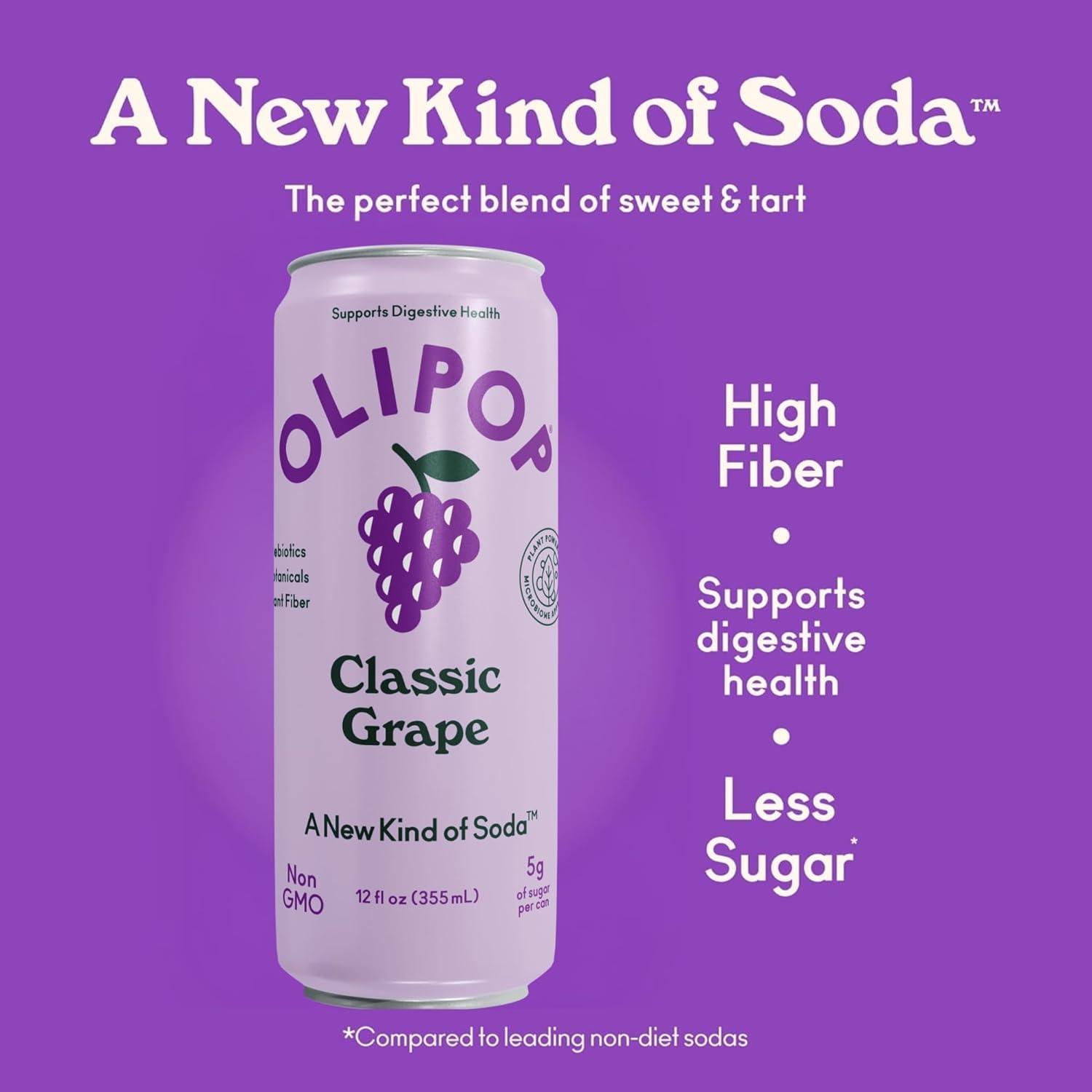 imageOLIPOP Prebiotic Soda Pop Strawberry Vanilla Pantry Pack Packed with Prebiotics Fiber and Botanicals Gluten Free Vegan GMO Free 12oz Skinny 12CansClassic Grape