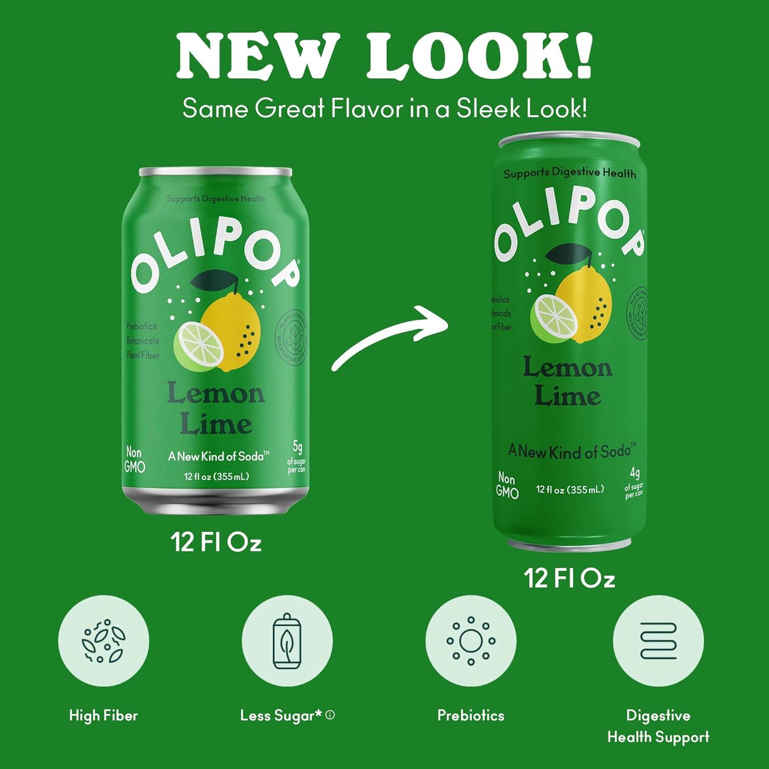 imageOLIPOP Prebiotic Soda Pop Strawberry Vanilla Pantry Pack Packed with Prebiotics Fiber and Botanicals Gluten Free Vegan GMO Free 12oz Skinny 12CansLemon Lime