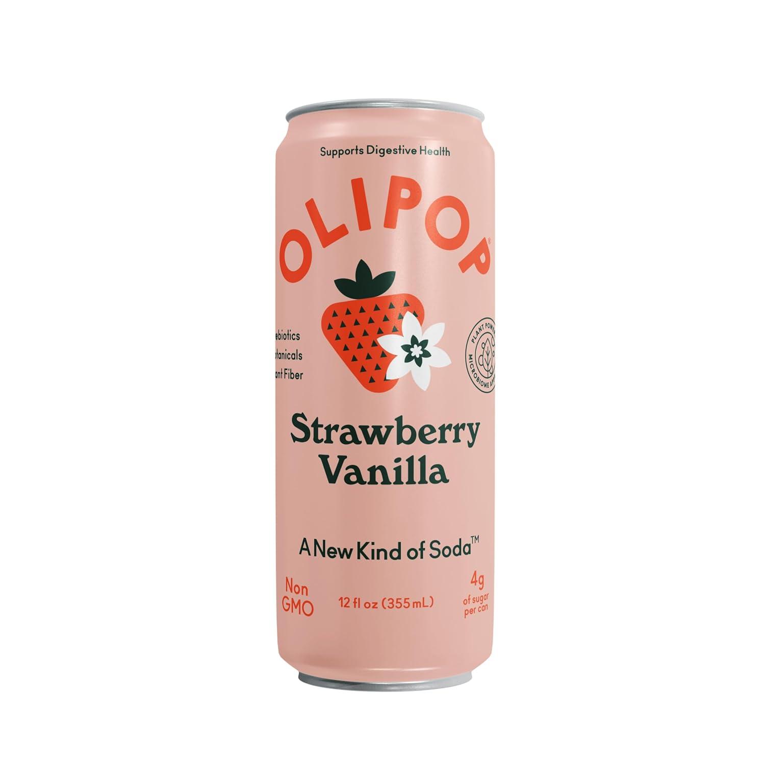 imageOLIPOP Prebiotic Soda Pop Strawberry Vanilla Pantry Pack Packed with Prebiotics Fiber and Botanicals Gluten Free Vegan GMO Free 12oz Skinny 12CansStrawberry Vanilla