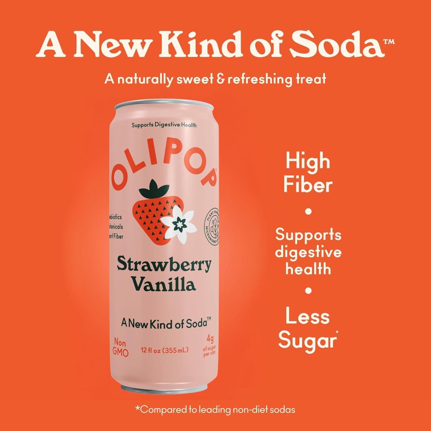 imageOLIPOP Prebiotic Soda Pop Strawberry Vanilla Pantry Pack Packed with Prebiotics Fiber and Botanicals Gluten Free Vegan GMO Free 12oz Skinny 12CansStrawberry Vanilla