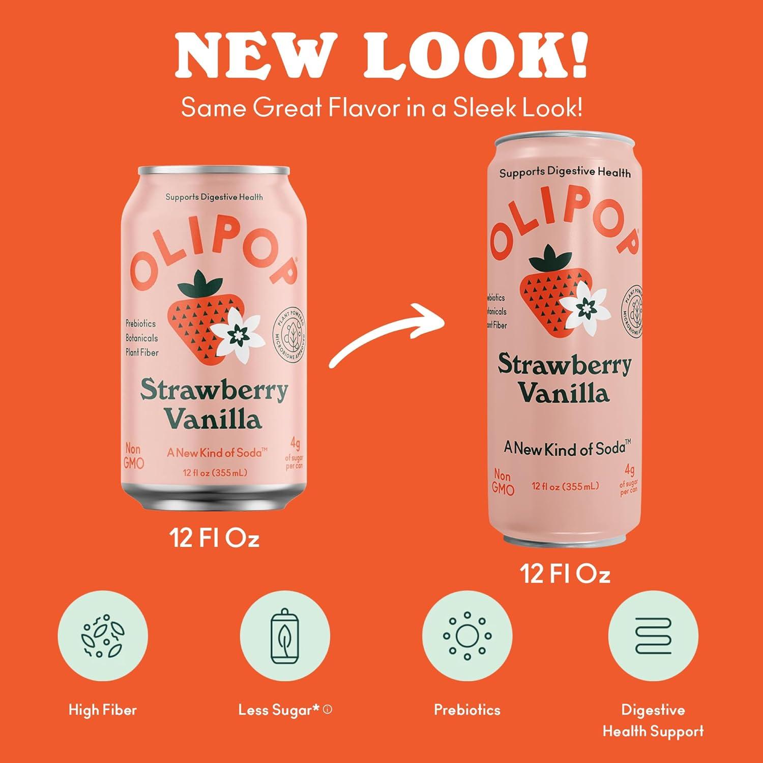 imageOLIPOP Prebiotic Soda Pop Strawberry Vanilla Pantry Pack Packed with Prebiotics Fiber and Botanicals Gluten Free Vegan GMO Free 12oz Skinny 12CansStrawberry Vanilla