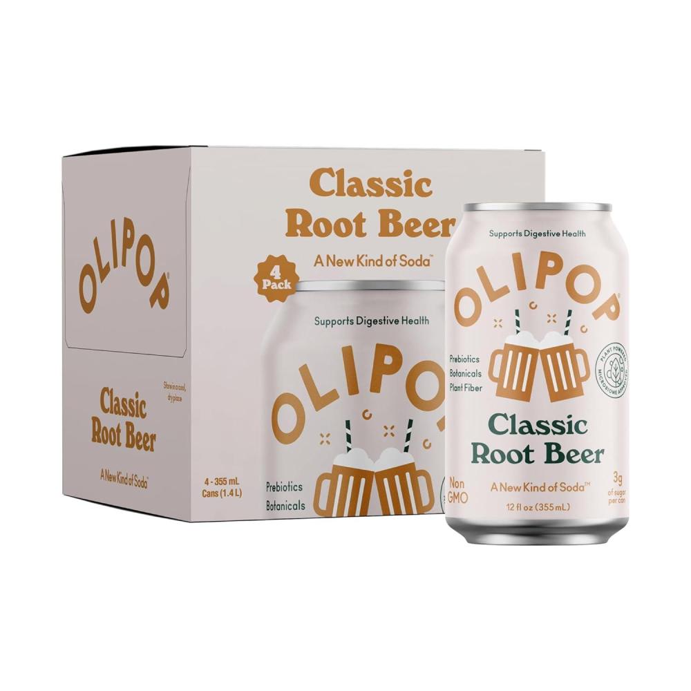 imageOLIPOP Prebiotic Soda Pop Classic Root Beer Prebiotics Botanicals Plant Fiber 12 fl oz 4 Cans