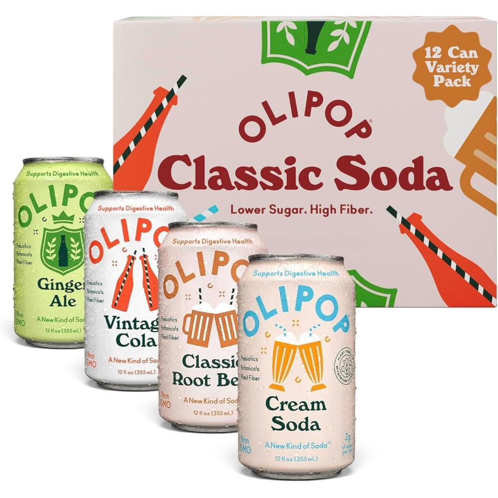 imageOLIPOP Prebiotic Soda Pop Favorites Variety Pantry Pack Packed with Prebiotics Fiber and Botanicals Gluten Free Vegan GMO Free 12oz 12CansVariety Classic Soda