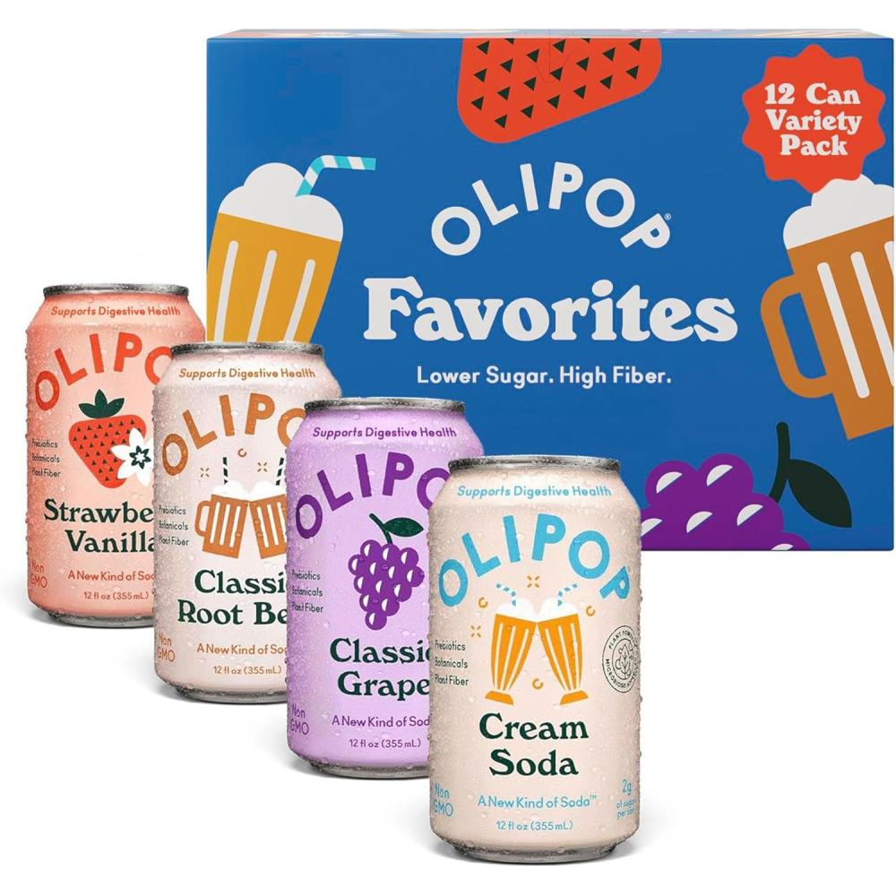 imageOLIPOP Prebiotic Soda Pop Favorites Variety Pantry Pack Packed with Prebiotics Fiber and Botanicals Gluten Free Vegan GMO Free 12oz 12CansVariety Favorites