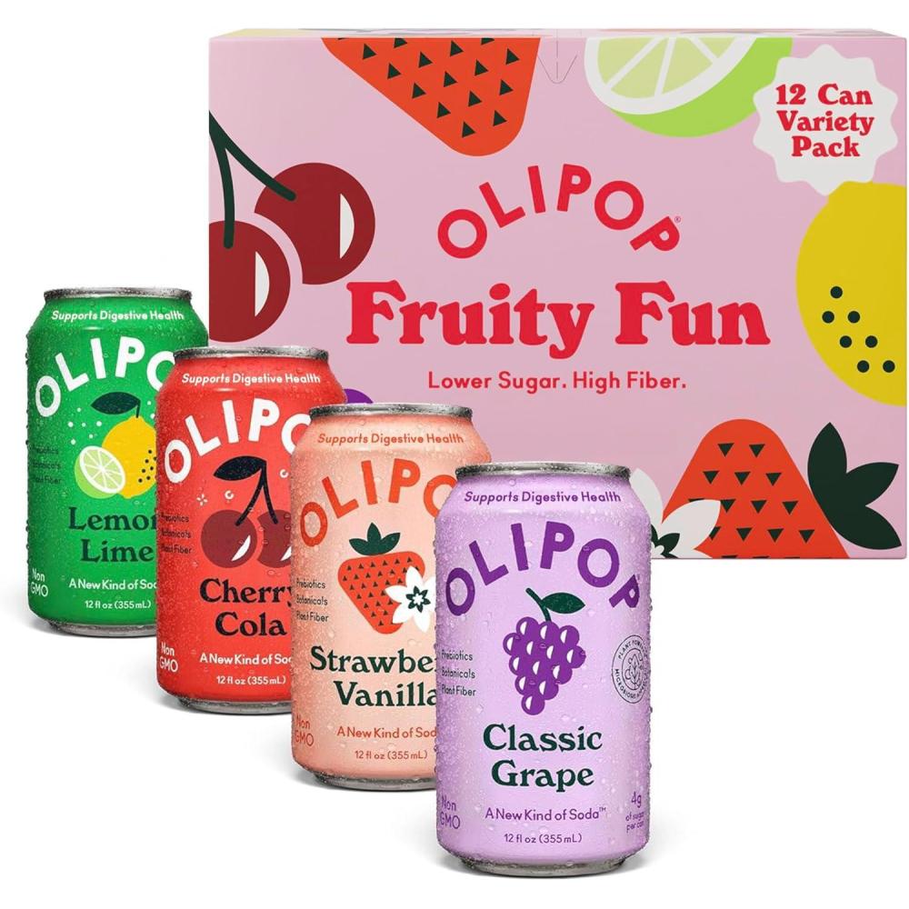 imageOLIPOP Prebiotic Soda Pop Favorites Variety Pantry Pack Packed with Prebiotics Fiber and Botanicals Gluten Free Vegan GMO Free 12oz 12CansVariety Fruity Fun