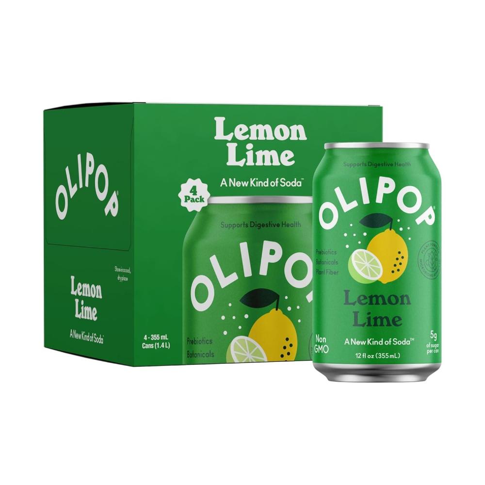 imageOLIPOP Prebiotic Soda Pop Lemon Lime Prebiotics Botanicals Plant Fiber 12 fl oz 4 Cans