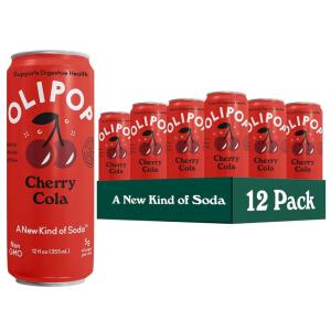 OLIPOP Prebiotic Soda Pop, Strawberry Vanilla, Pantry Pack Packed with Prebiotics, Fiber, and Botanicals, Gluten Free, Vegan, GMO Free, 12oz Skinny (12-Cans)(Cherry Cola)