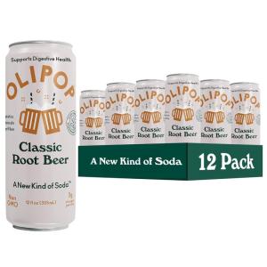 OLIPOP Prebiotic Soda Pop, Strawberry Vanilla, Pantry Pack Packed with Prebiotics, Fiber, and Botanicals, Gluten Free, Vegan, GMO Free, 12oz Skinny (12-Cans)(Classic Root Beer)