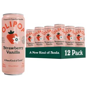OLIPOP Prebiotic Soda Pop, Strawberry Vanilla, Pantry Pack Packed with Prebiotics, Fiber, and Botanicals, Gluten Free, Vegan, GMO Free, 12oz Skinny (12-Cans)(Strawberry Vanilla)