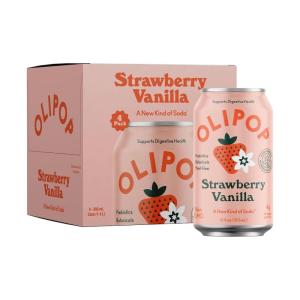 OLIPOP Prebiotic Soda Pop, Strawberry Vanilla, Prebiotics, Botanicals, Plant Fiber, 12 fl oz (4 Cans)(12 FZ)