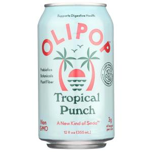 OLIPOP Prebiotic Soda Pop, Tropical Punch, A New Kind of Soda Packed with Prebiotics, Fiber, and Botanicals, Gluten Free, Vegan, GMO Free, 12oz
