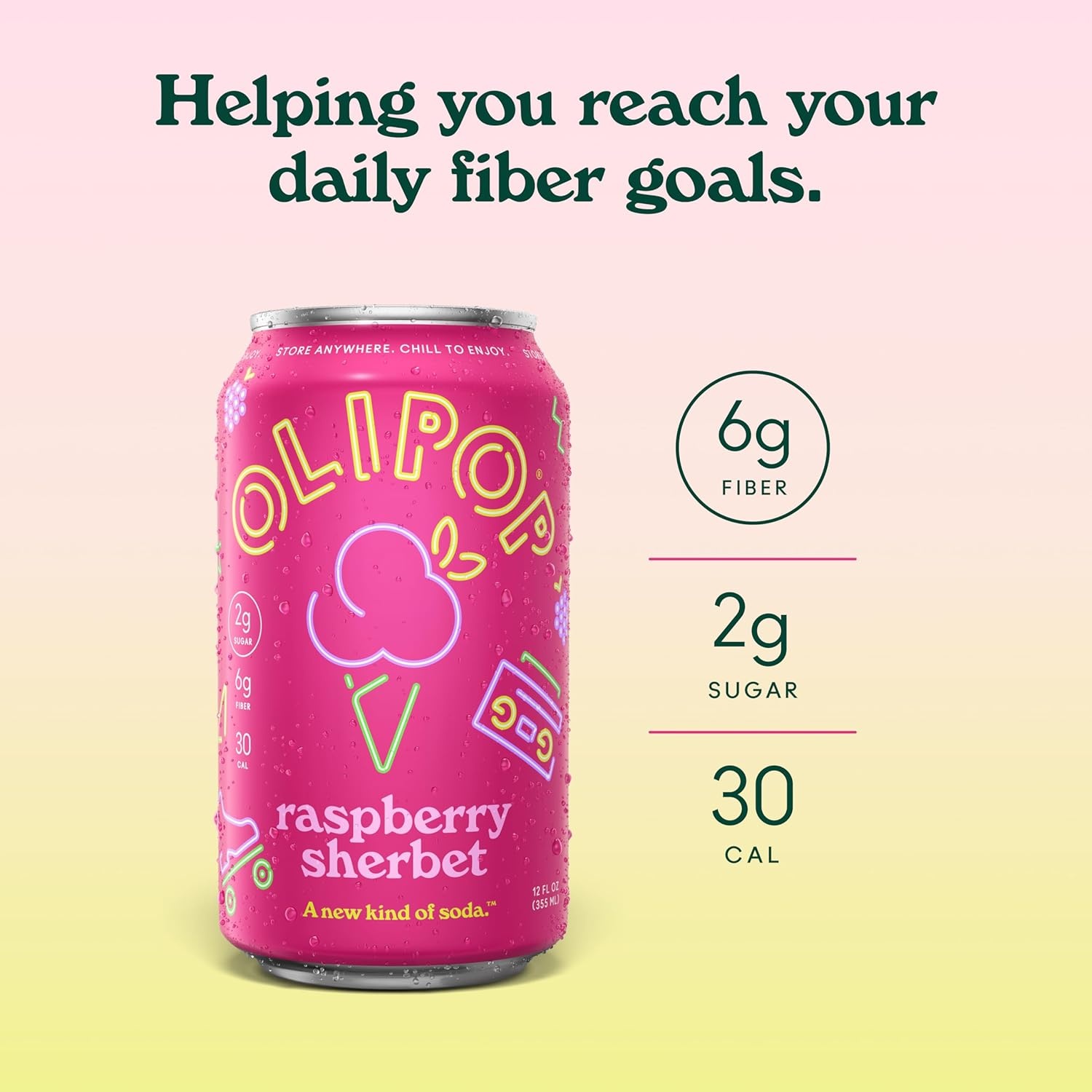 image:imageOLIPOP Prebiotic Soda Pop Raspberry Sherbet Pantry Pack Packed with Prebiotics Fiber and Botanicals Gluten Free GMO Free 12oz 12Cans Packaging May VaryRaspberry Sherbet