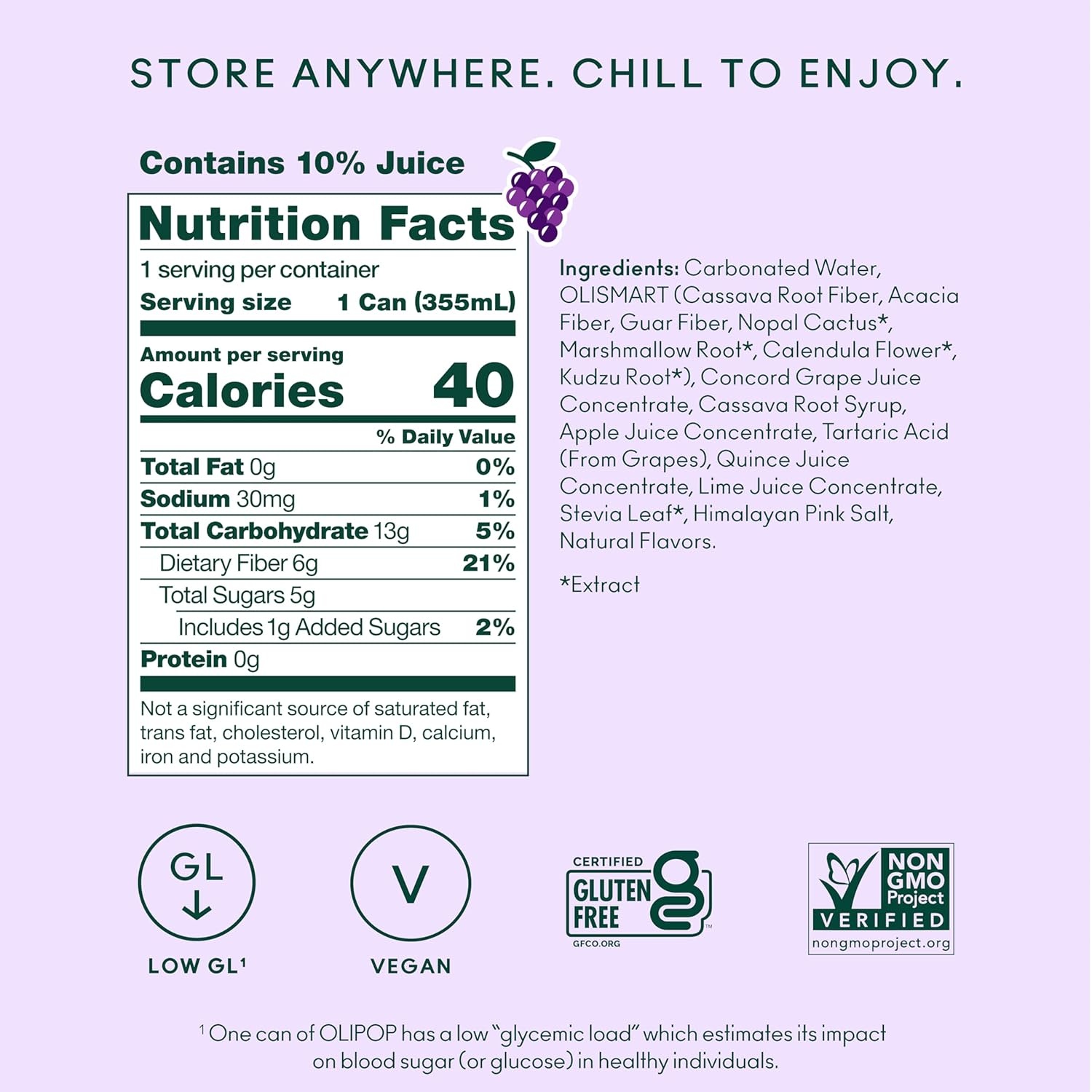 image:imageOLIPOP Prebiotic Soda Pop Raspberry Sherbet Pantry Pack Packed with Prebiotics Fiber and Botanicals Gluten Free GMO Free 12oz 12Cans Packaging May VaryGrape
