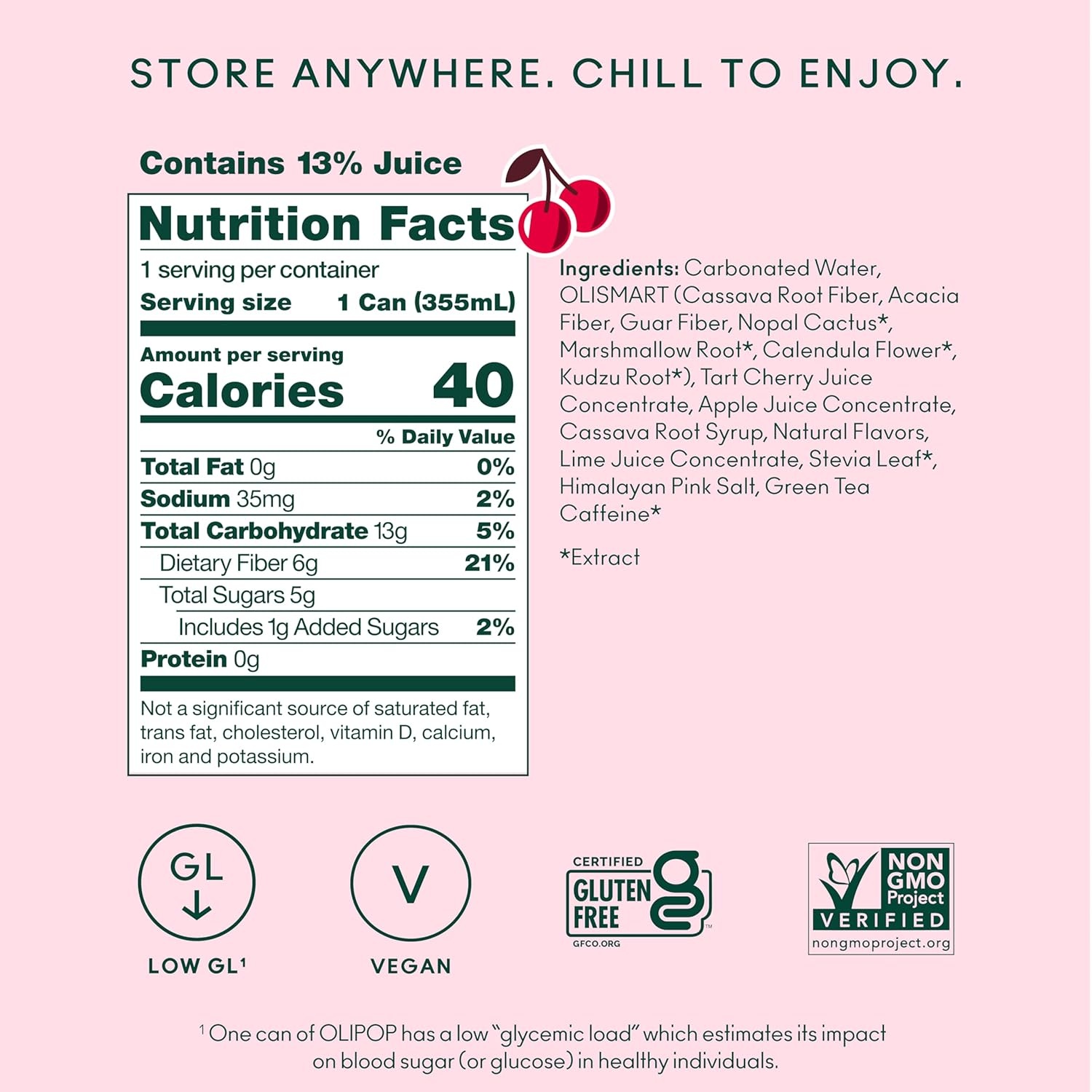 image:imageOLIPOP Sparkling Prebiotic Soda Crisp Apple Pantry Pack Packed with Prebiotics Fiber and Botanicals Gluten Free GMO Free 12oz Skinny Can 12Cans Packaging May VaryCherry Cola