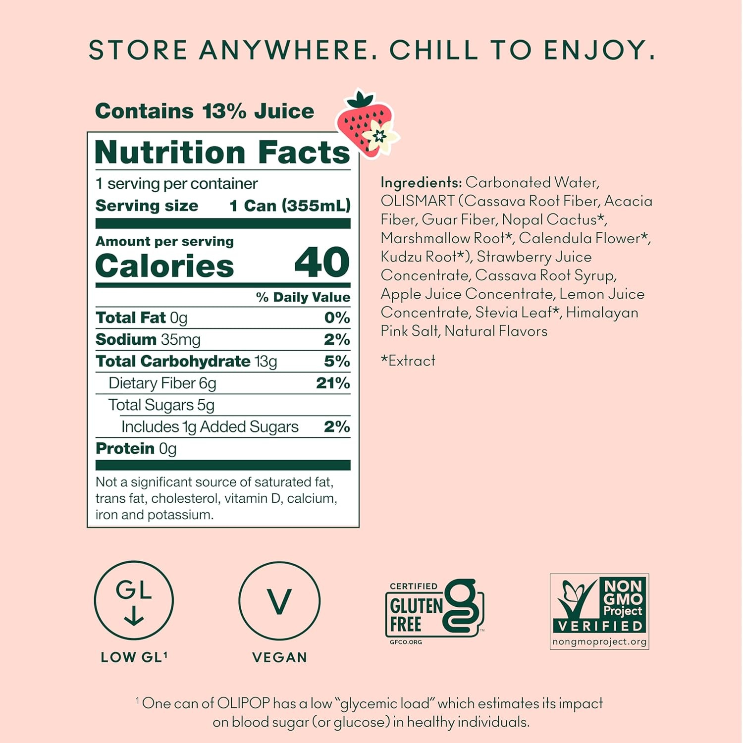image:imageOLIPOP Sparkling Prebiotic Soda Crisp Apple Pantry Pack Packed with Prebiotics Fiber and Botanicals Gluten Free GMO Free 12oz Skinny Can 12Cans Packaging May VaryStrawberry Vanilla