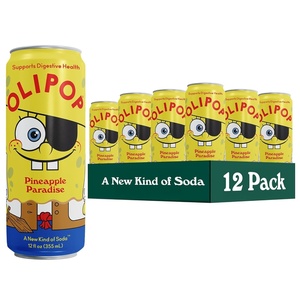 OLIPOP Prebiotic Soda Pop, Raspberry Sherbet, Pantry Pack Packed with Prebiotics, Fiber, and Botanicals, Gluten Free, GMO Free, 12oz (12-Cans) (Packaging May Vary)(SpongeBob Pineapple Paradise)